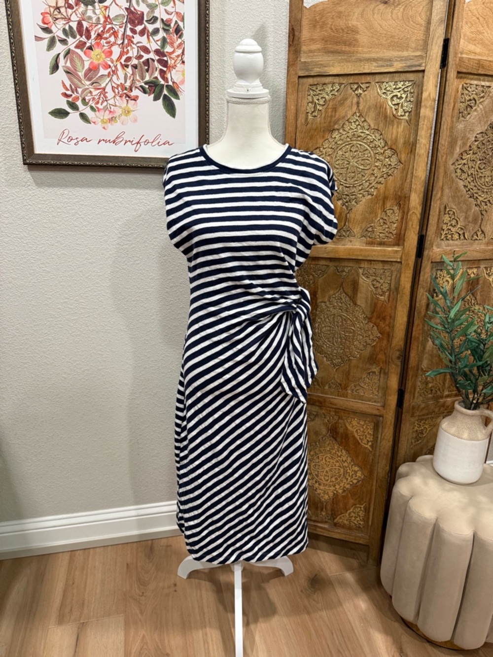 LOFT Striped Navy and White Knot-Waist Dress